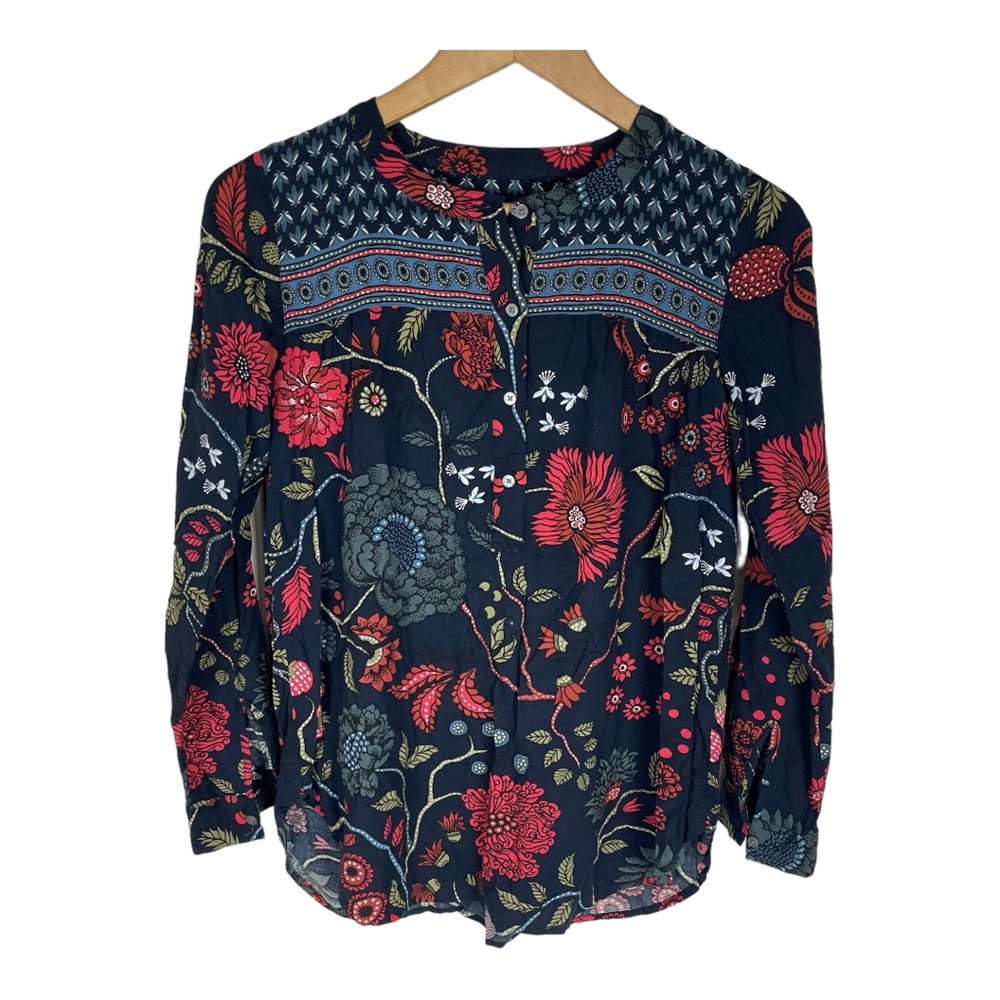 Loft rayon navy bold floral print 1/2 button front‎ Blouse tunic Size XSP